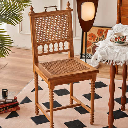 Vintage Solid Wood Rattan Dining Chair — B