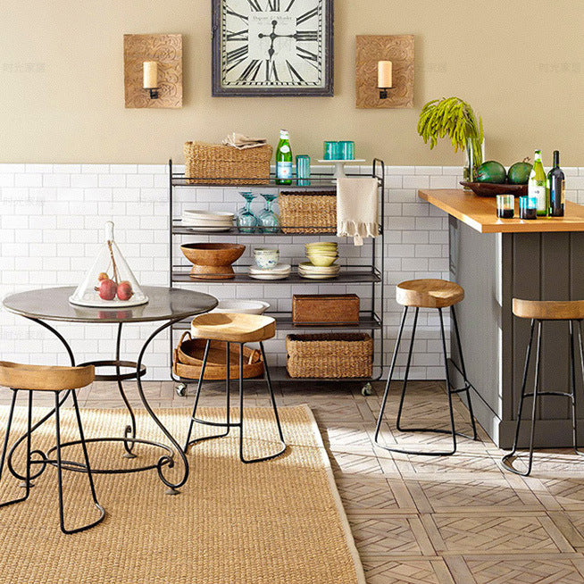 Traditional Retro Solid Wood Metal Bar Stool
