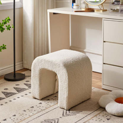 U-Shape Lambswool Wood Vanity Stool — White