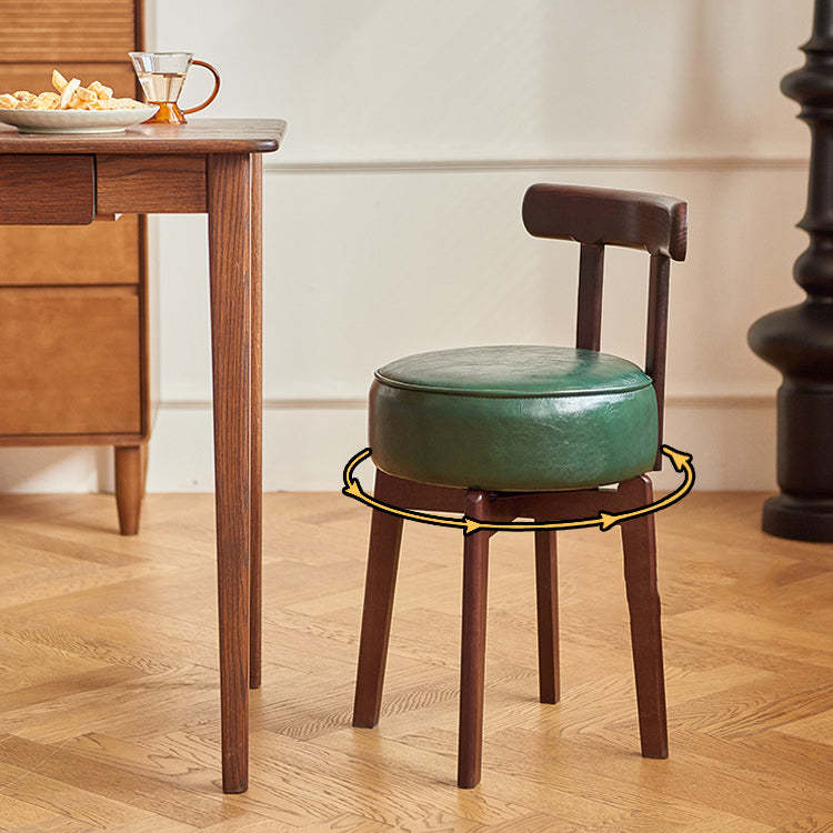 Chinese Round Leather Rubberwood Vanity Stool