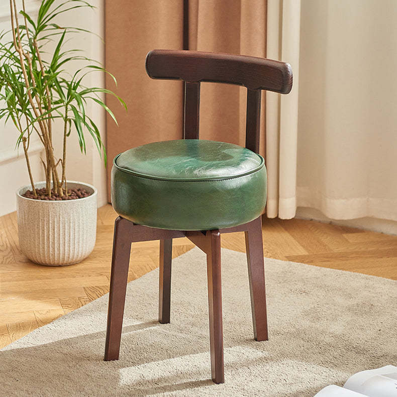 Chinese Round Leather Rubberwood Vanity Stool — Default - Walnut Color