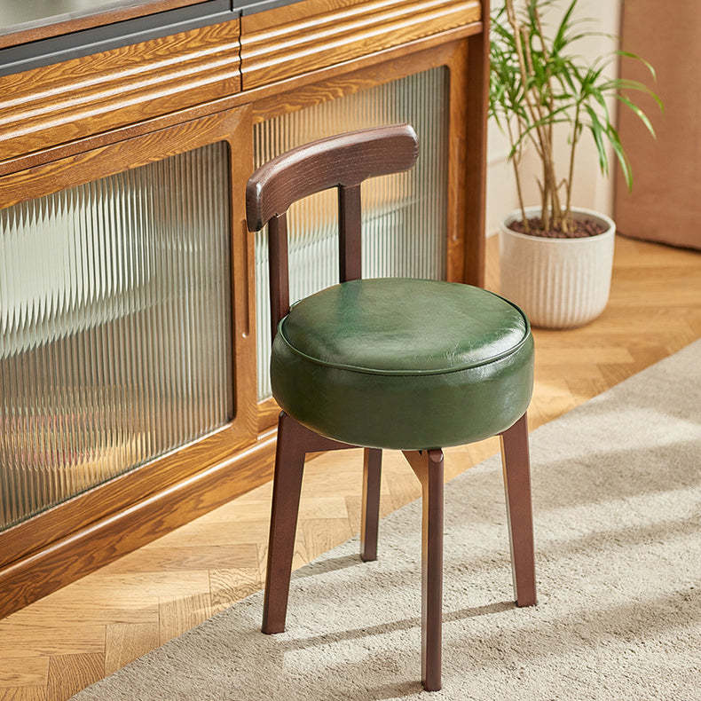 Chinese Round Leather Rubberwood Vanity Stool