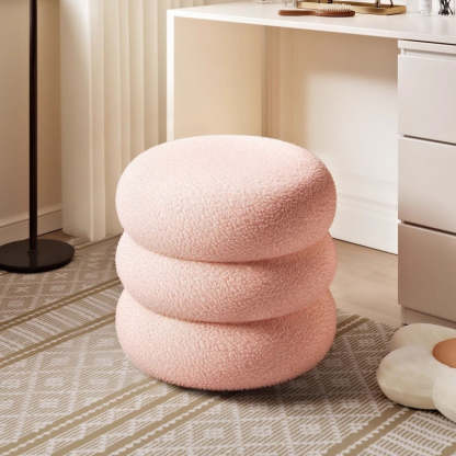 Minimalist Cylinder Lambswool Wood Vanity Stool — Pink