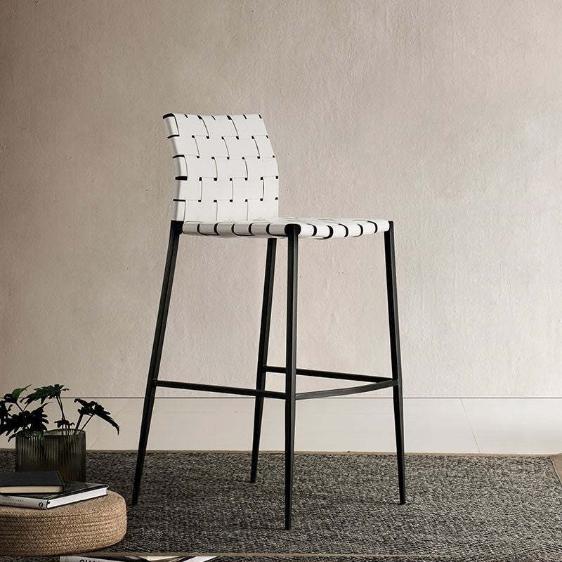 Scandinavian Saddle Leather Metal Bar Stool — White