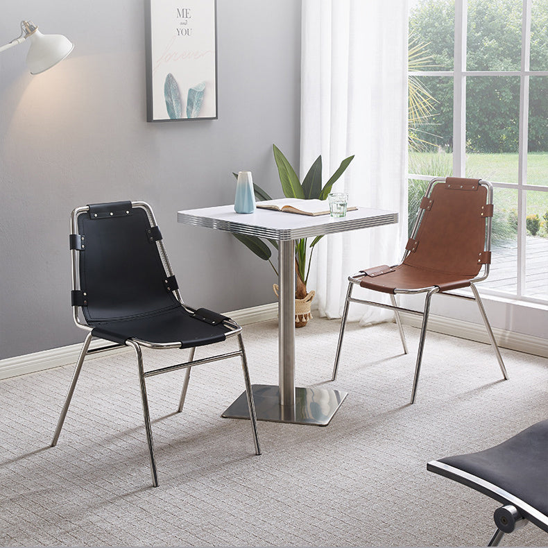 Mid-Century Trapezoid Leather Steel Dining Chair
