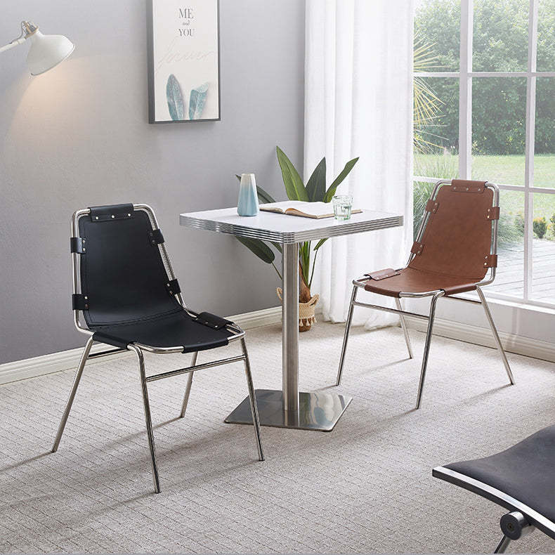 Mid-Century Trapezoid Leather Steel Dining Chair — Black
