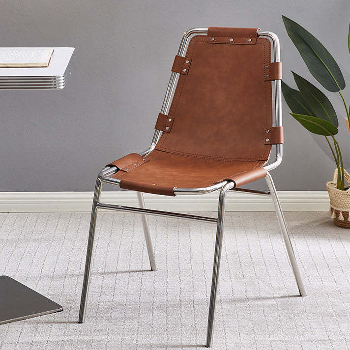 Mid-Century Trapezoid Leather Steel Dining Chair — Brown