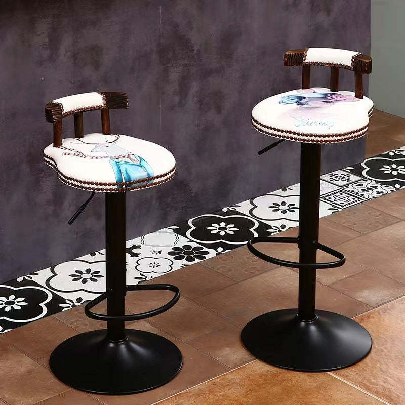 Shabby Oval Leather Wood Bar Stool