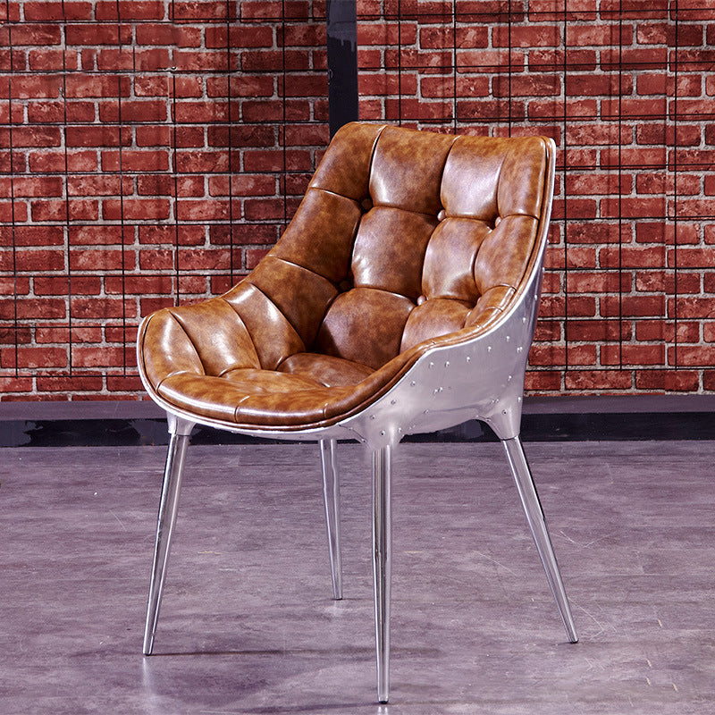 Modern Trapezoid Leather Steel Dining Chair — Brown