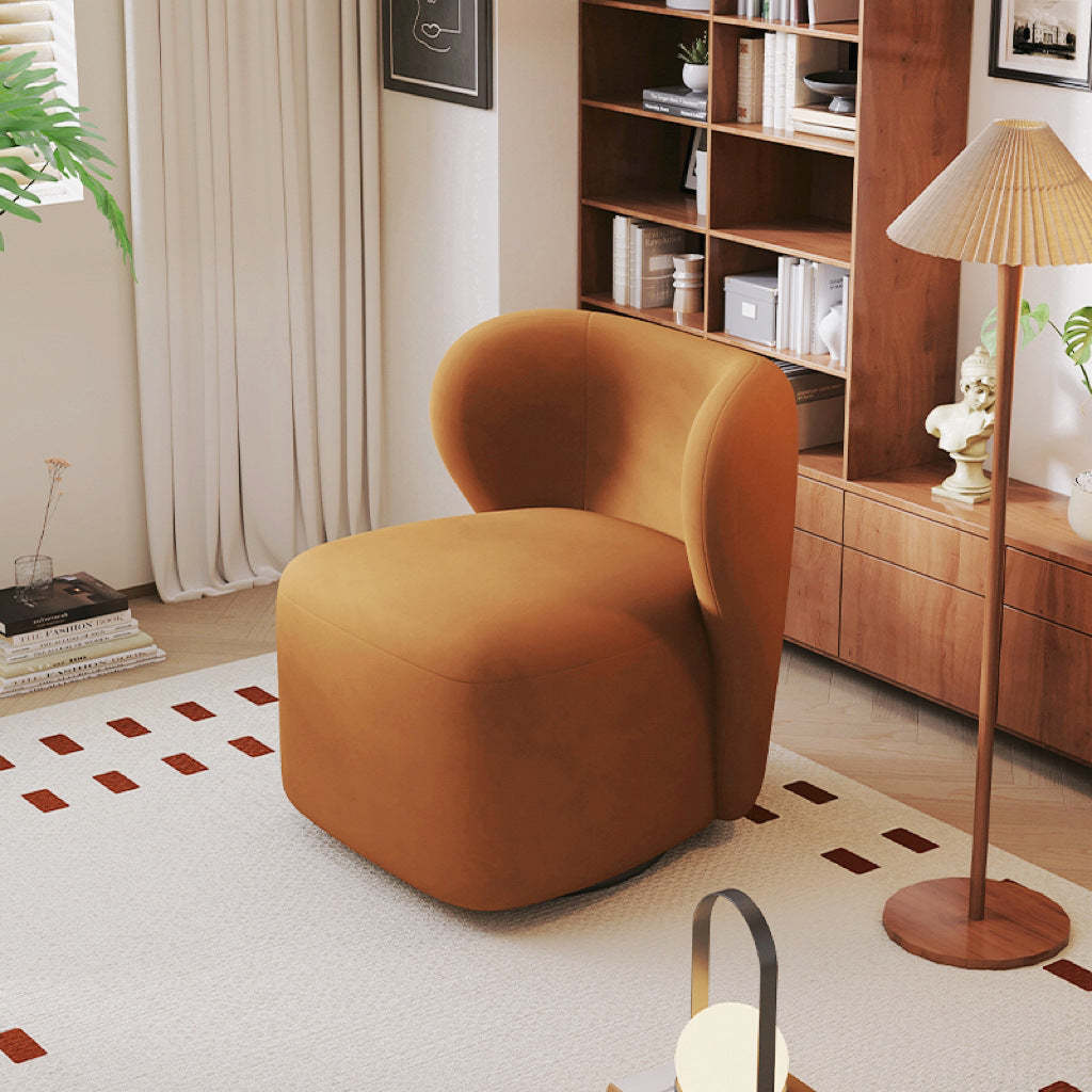 Minimalist Caramel Velvet Solid Wood Swivel Accent Chair