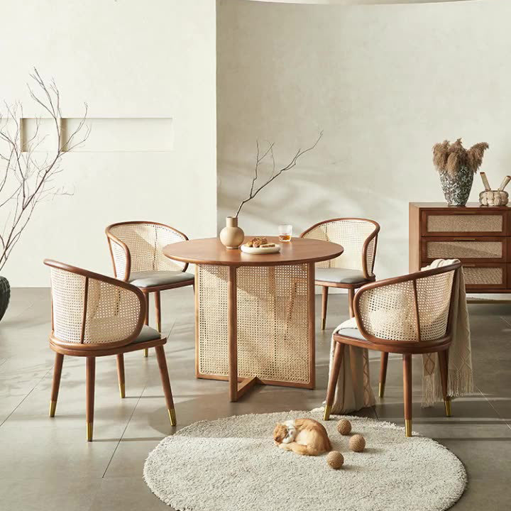 Scandinavian Oval Rattan Wood Dining Chair — Black