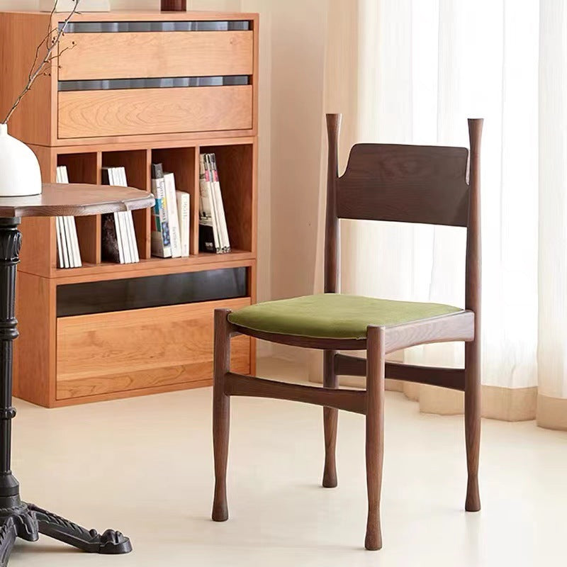 Mid-Century Velvet Wood Dining Chair — Walnut Color + Dark Green Cushion