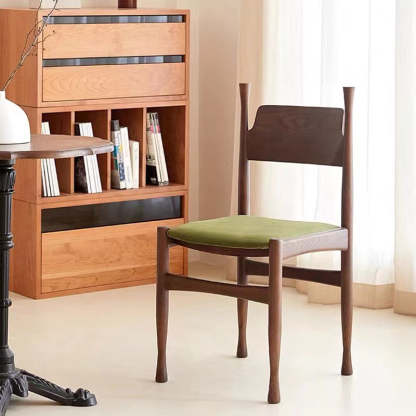 Mid-Century Velvet Wood Dining Chair — Walnut Color + Dark Green Cushion