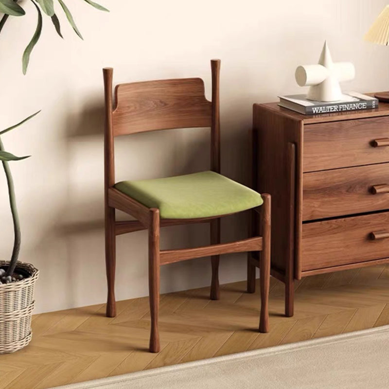 Mid-Century Velvet Wood Dining Chair — Walnut Color + Light Green Cushion