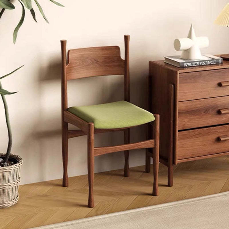 Mid-Century Velvet Wood Dining Chair — Walnut Color + Light Green Cushion