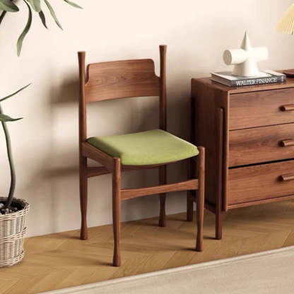 Mid-Century Velvet Wood Dining Chair — Walnut Color + Light Green Cushion