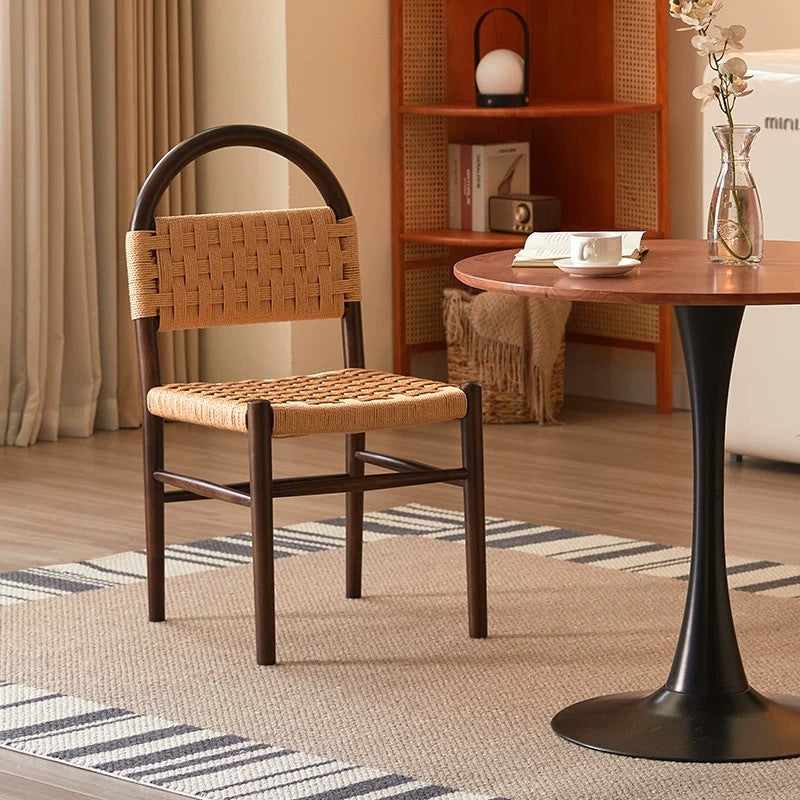 Mid-Century Hollow Back Wood Kraft Rope Dining Chair