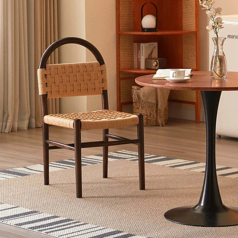 Mid-Century Hollow Back Wood Kraft Rope Dining Chair