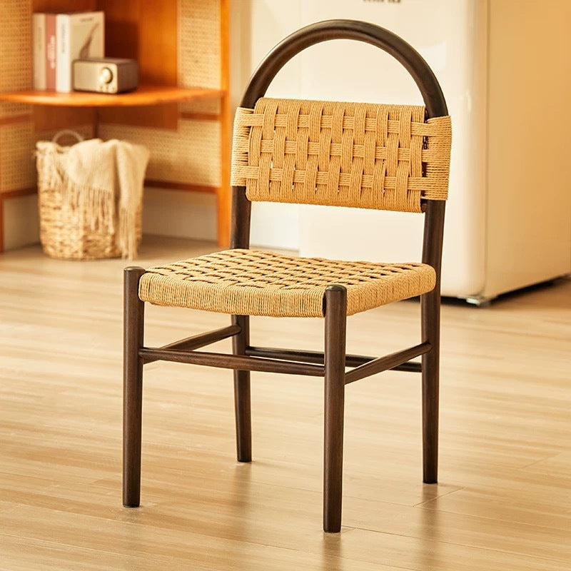 Mid-Century Hollow Back Wood Kraft Rope Dining Chair
