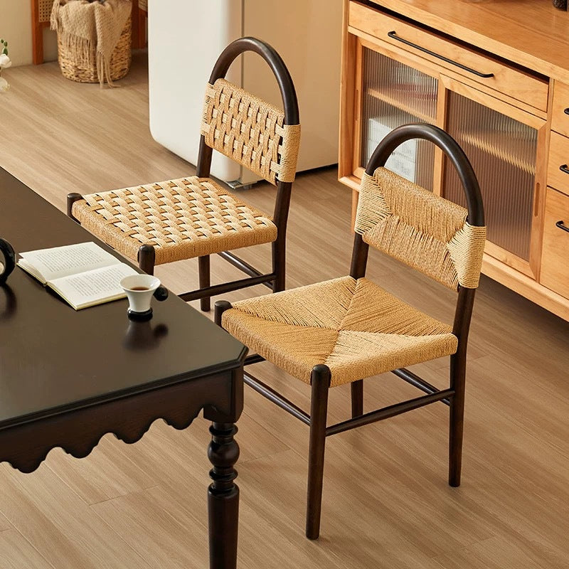 Mid-Century Hollow Back Wood Kraft Rope Dining Chair