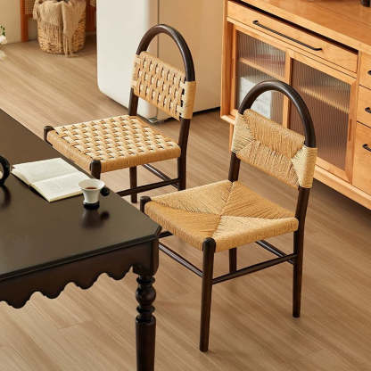 Mid-Century Hollow Back Wood Kraft Rope Dining Chair