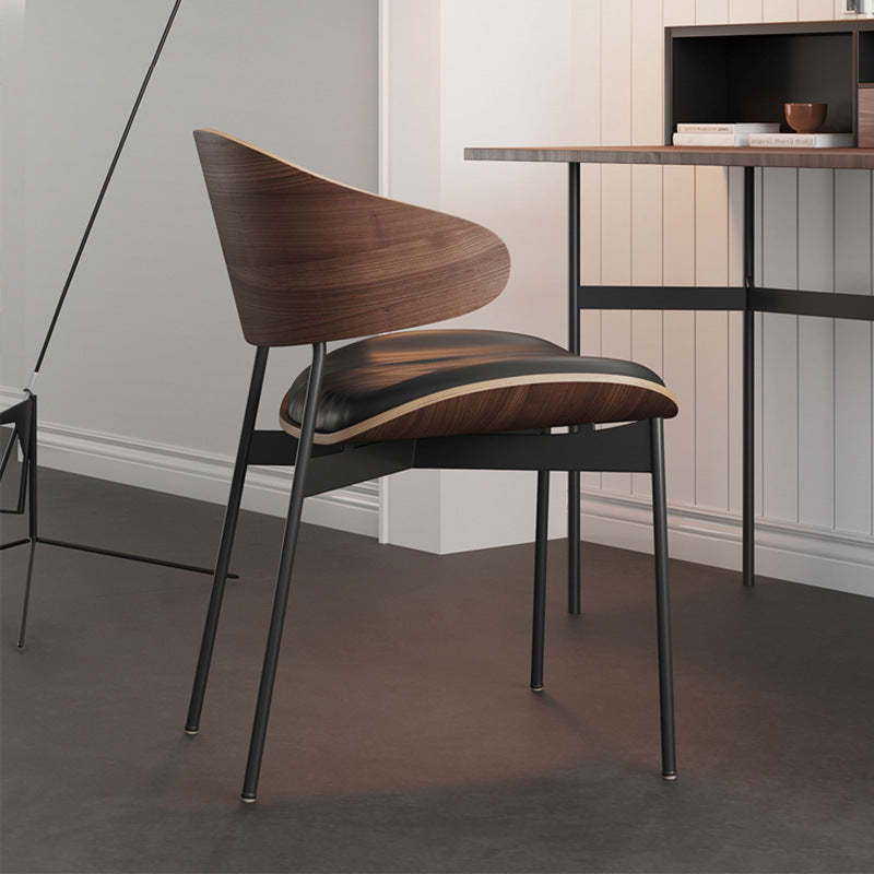 Minimalist Arcuate Iron Wood Leather Dining Chair