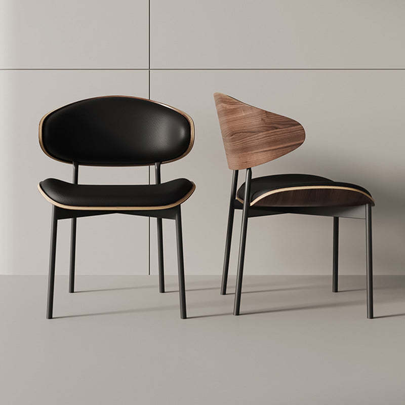Minimalist Arcuate Iron Wood Leather Dining Chair — Off-White