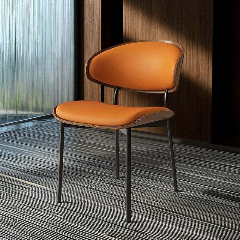 Minimalist Arcuate Iron Wood Leather Dining Chair