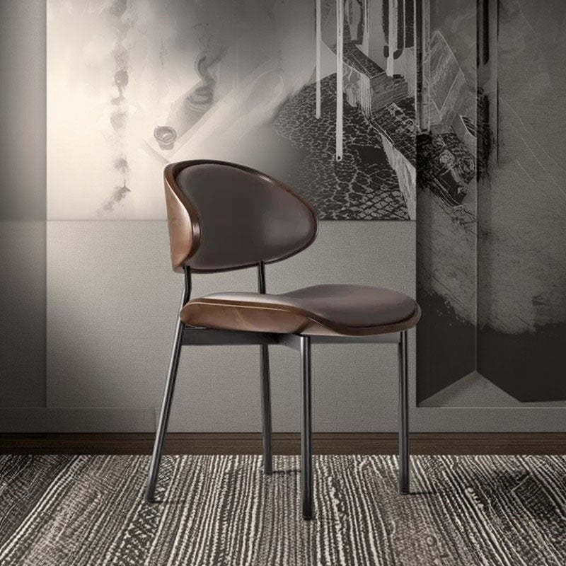 Minimalist Arcuate Iron Wood Leather Dining Chair