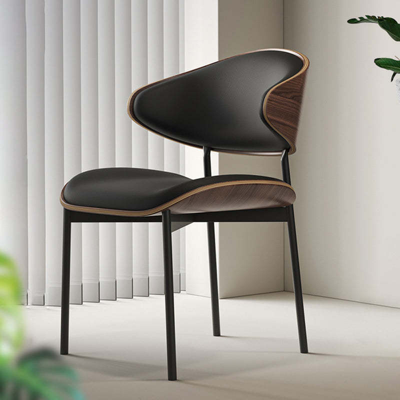 Minimalist Arcuate Iron Wood Leather Dining Chair — Burgundy