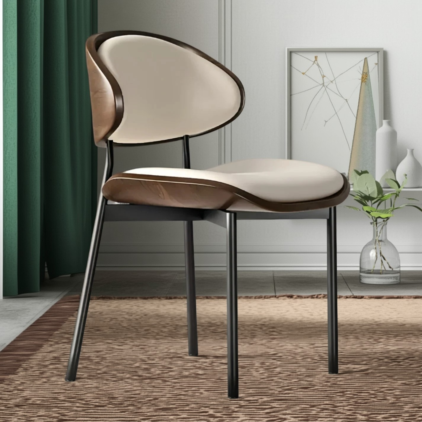 Minimalist Arcuate Iron Wood Leather Dining Chair