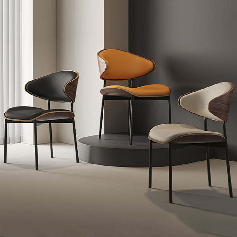 Minimalist Arcuate Iron Wood Leather Dining Chair — Black
