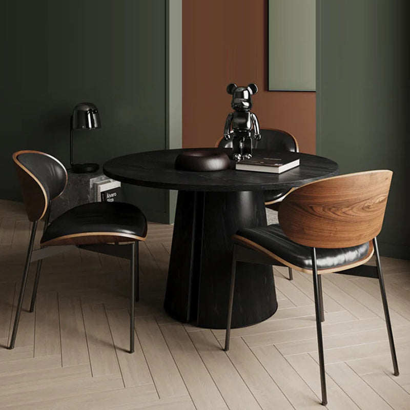 Minimalist Arcuate Iron Wood Leather Dining Chair