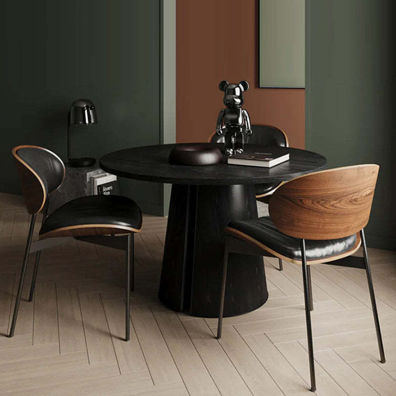 Minimalist Arcuate Iron Wood Leather Dining Chair