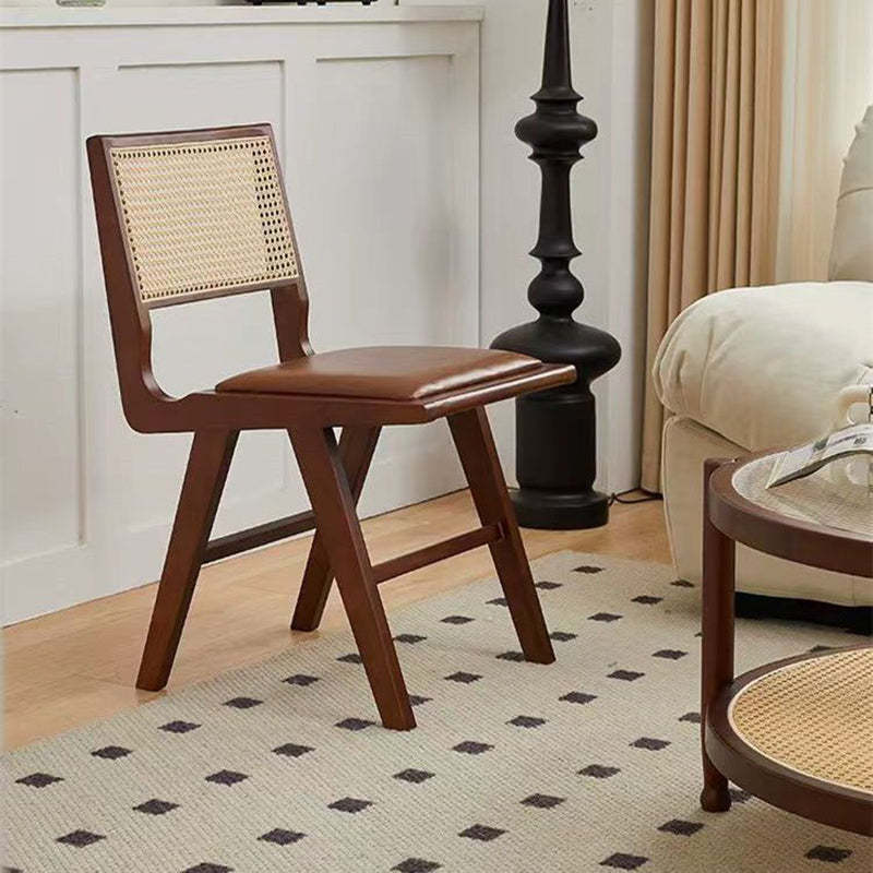 Nordic H-Shaped Rubberwood Rattan Leather Chair — Cherry Wood Color