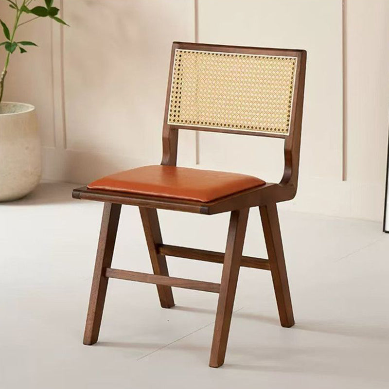 Nordic H-Shaped Rubberwood Rattan Leather Chair — Wood Color