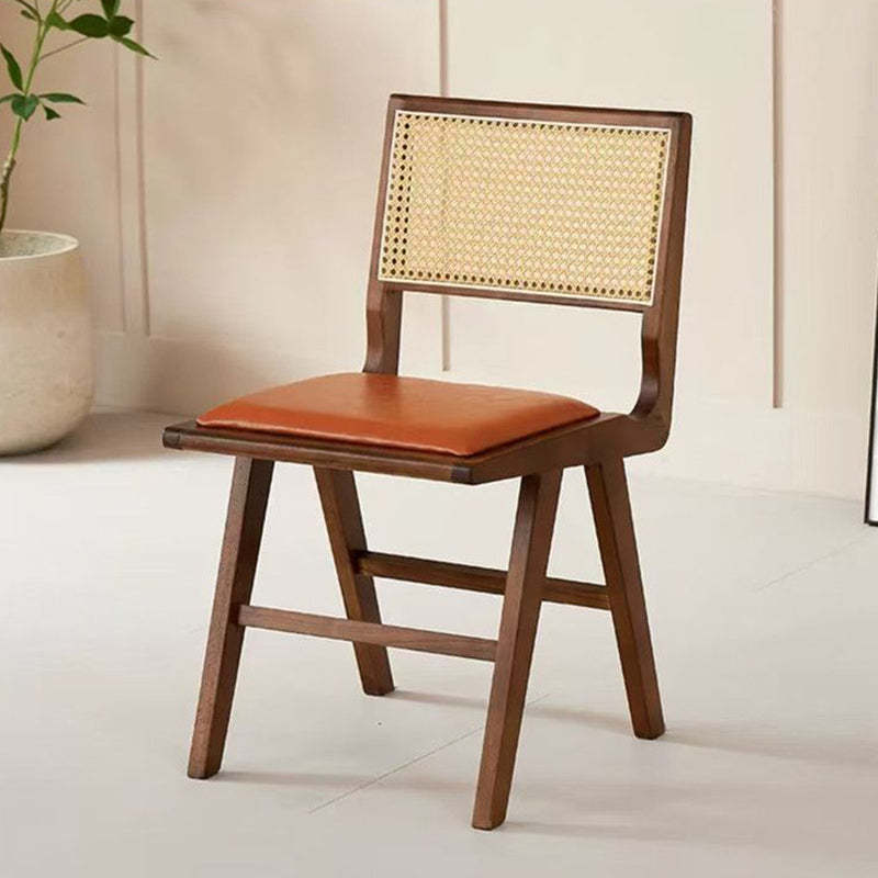 Nordic H-Shaped Rubberwood Rattan Leather Chair — Wood Color