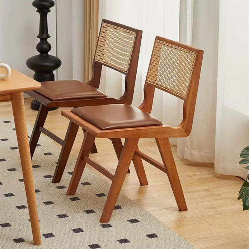 Nordic H-Shaped Rubberwood Rattan Leather Chair — Walnut Color