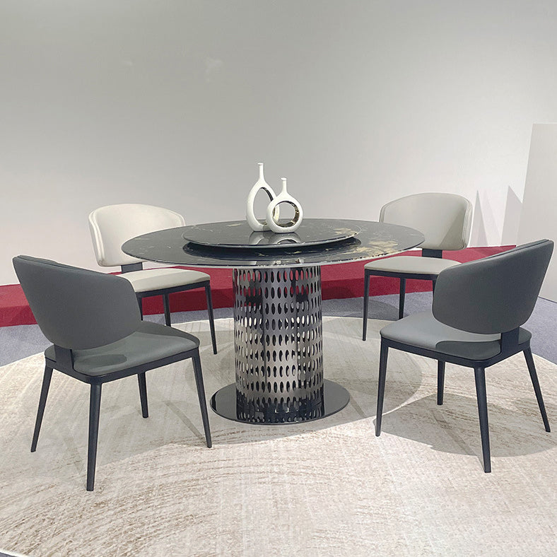 Modern Curved Leather Steel Dining Chair — Dark Gray