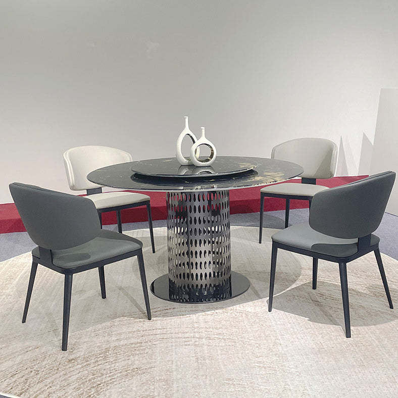 Modern Curved Leather Steel Dining Chair — Dark Gray