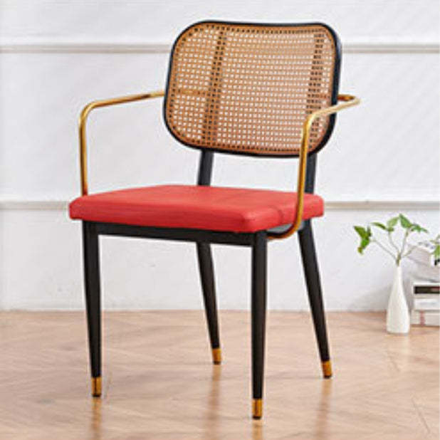 Modern Cutout Leather Bamboo Dining Chair — Original Wood Color Shelf - With Arm / Red