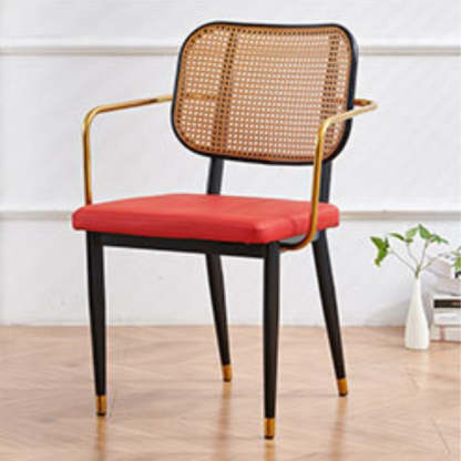 Modern Cutout Leather Bamboo Dining Chair — Original Wood Color Shelf - With Arm / Red