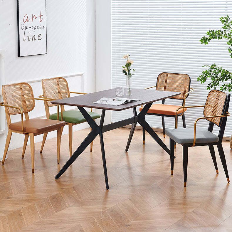 Modern Cutout Leather Bamboo Dining Chair — Original Wood Color Shelf - With Arm / Brown
