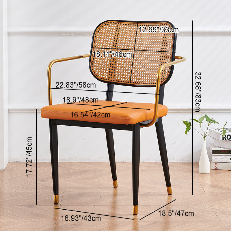 Modern Cutout Leather Bamboo Dining Chair — Black Shelf - With Arm / Orange