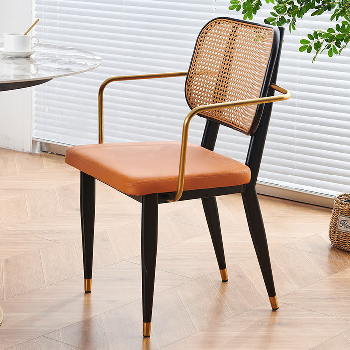 Modern Cutout Leather Bamboo Dining Chair — Original Wood Color Shelf - With Arm / Gray