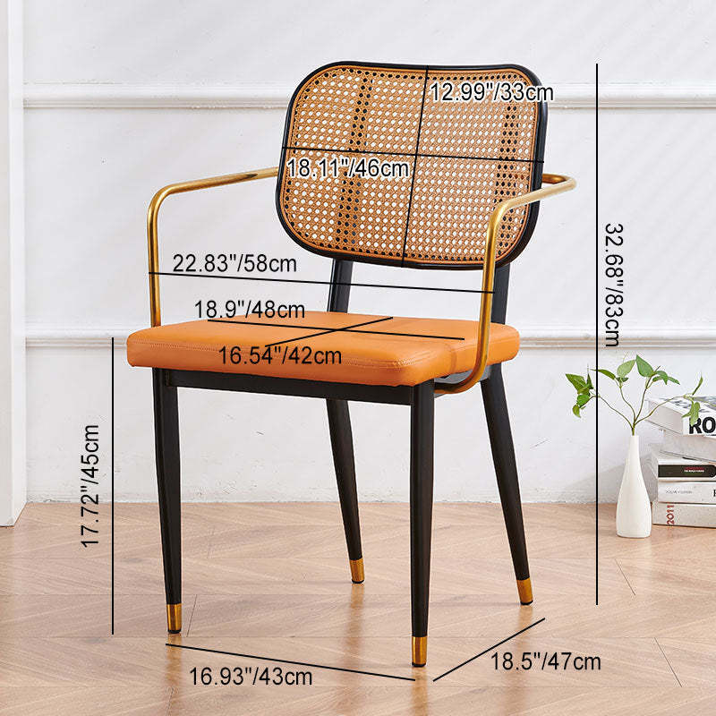 Modern Cutout Leather Bamboo Dining Chair — Black Shelf - With Arm / Orange