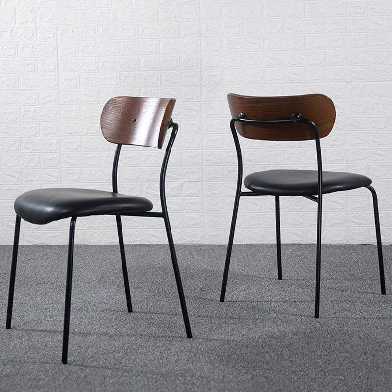 Industrial Curved Leather Iron Dining Chair — Brown + Black Cushion