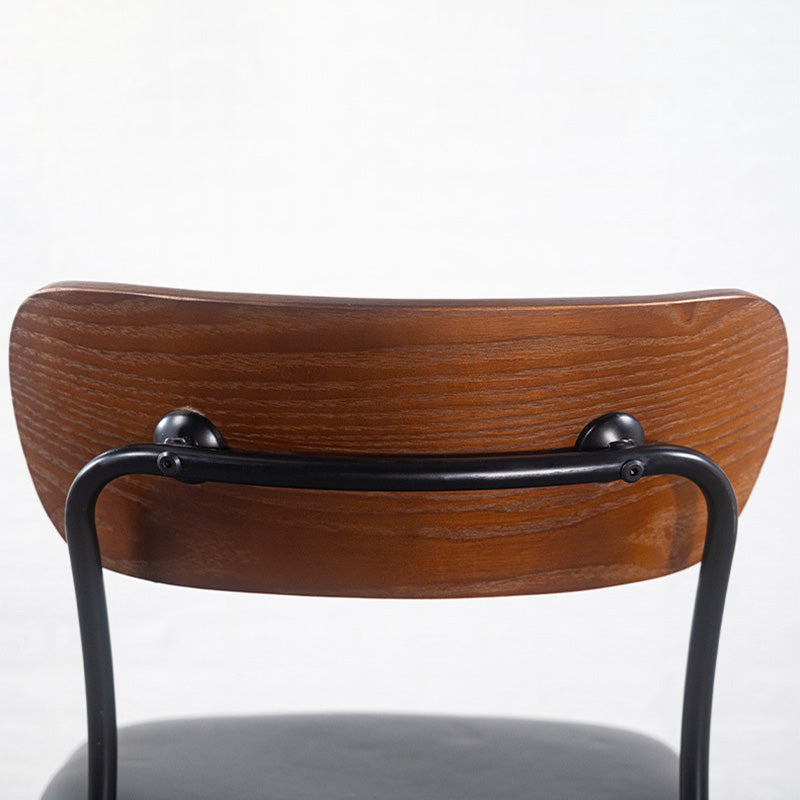 Industrial Curved Leather Iron Dining Chair — Wood Color + Gray Cushion