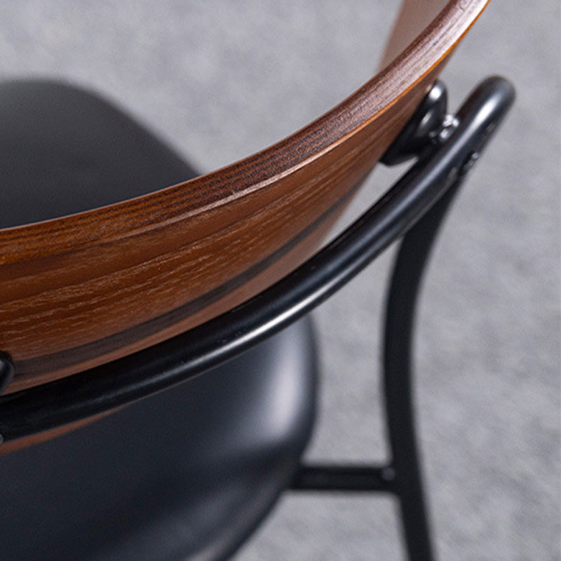 Industrial Curved Leather Iron Dining Chair — Wood Color + Gray White Cushion