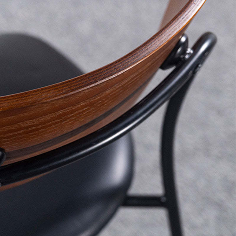 Industrial Curved Leather Iron Dining Chair — Wood Color + Gray White Cushion